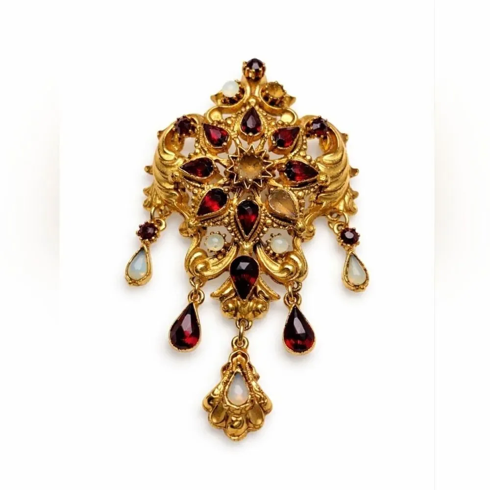 Vintage Signed FLORENZA Ornate Gold Tone Dangle Brooch Mid Century Regency